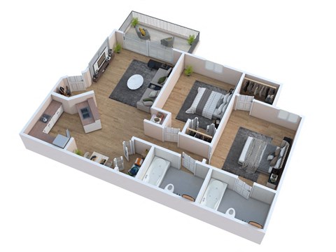 Floor plan for 2 beds, 2 baths, 877 sqft